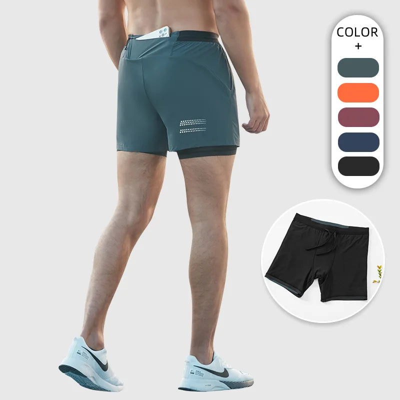 Calções Quick Dry Marathon Running com bolsa de cintura para homens e mulheres 2 em 1